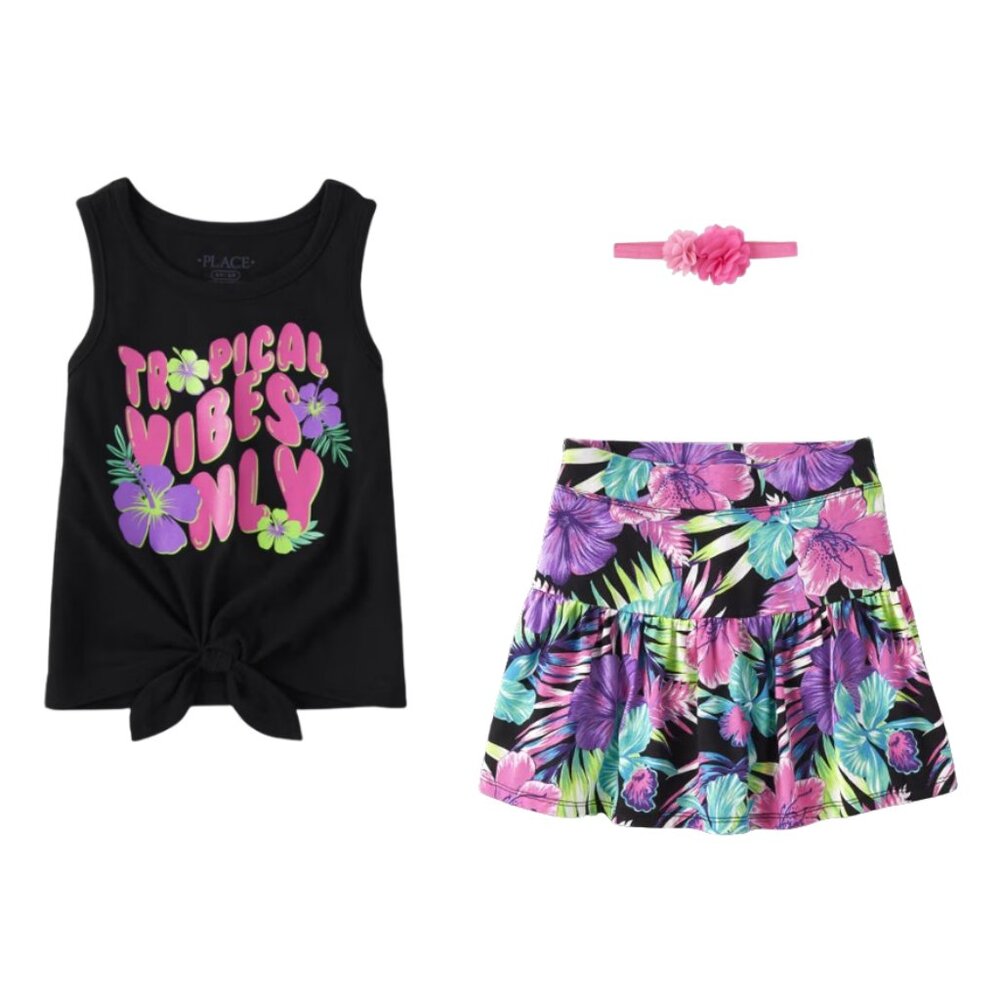 The Children's Place Girls Tropical Skirt Tank Flower Hair Band 7-8 NWT